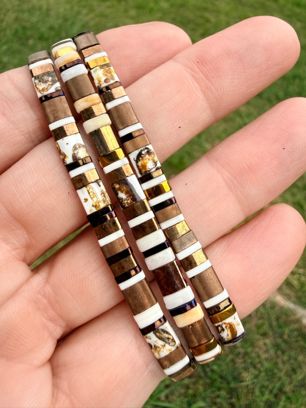 Handmade Brown and White Beaded Stretch Bracelet Set